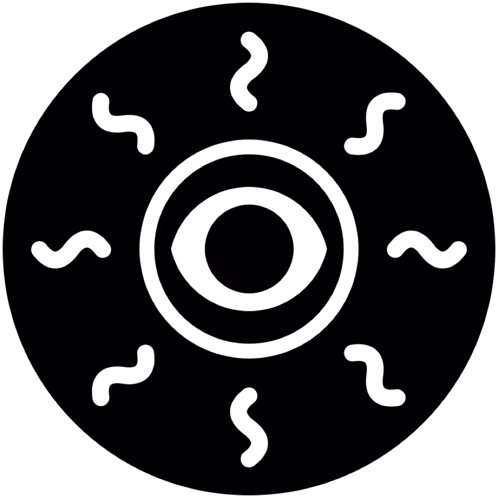 heliographe logo: a stylized white sun on black background, with an eye in its center
